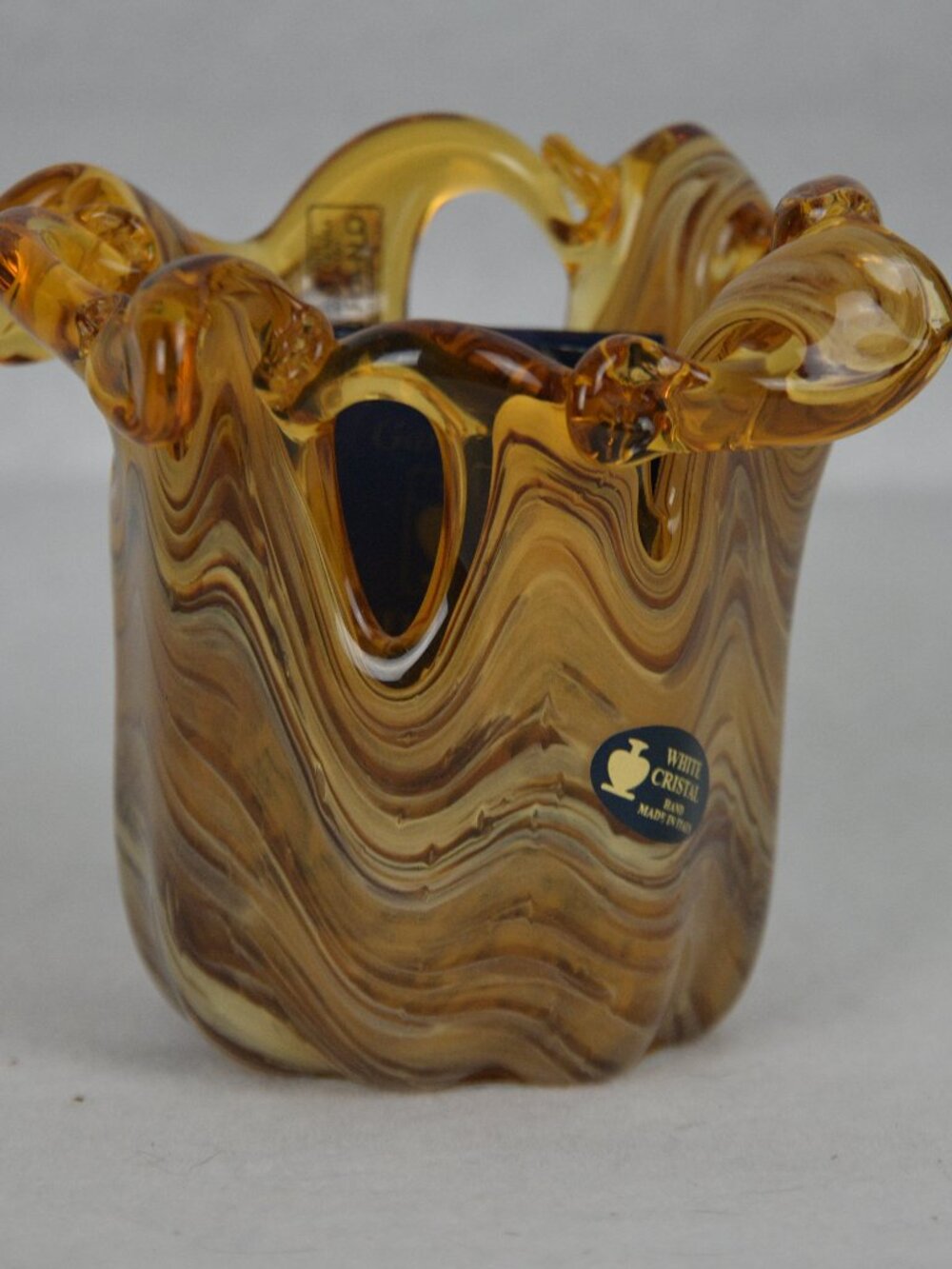 Murano Glass Small Vase Made In Italy White Chrystal Caramel Swirl Gold Bowl